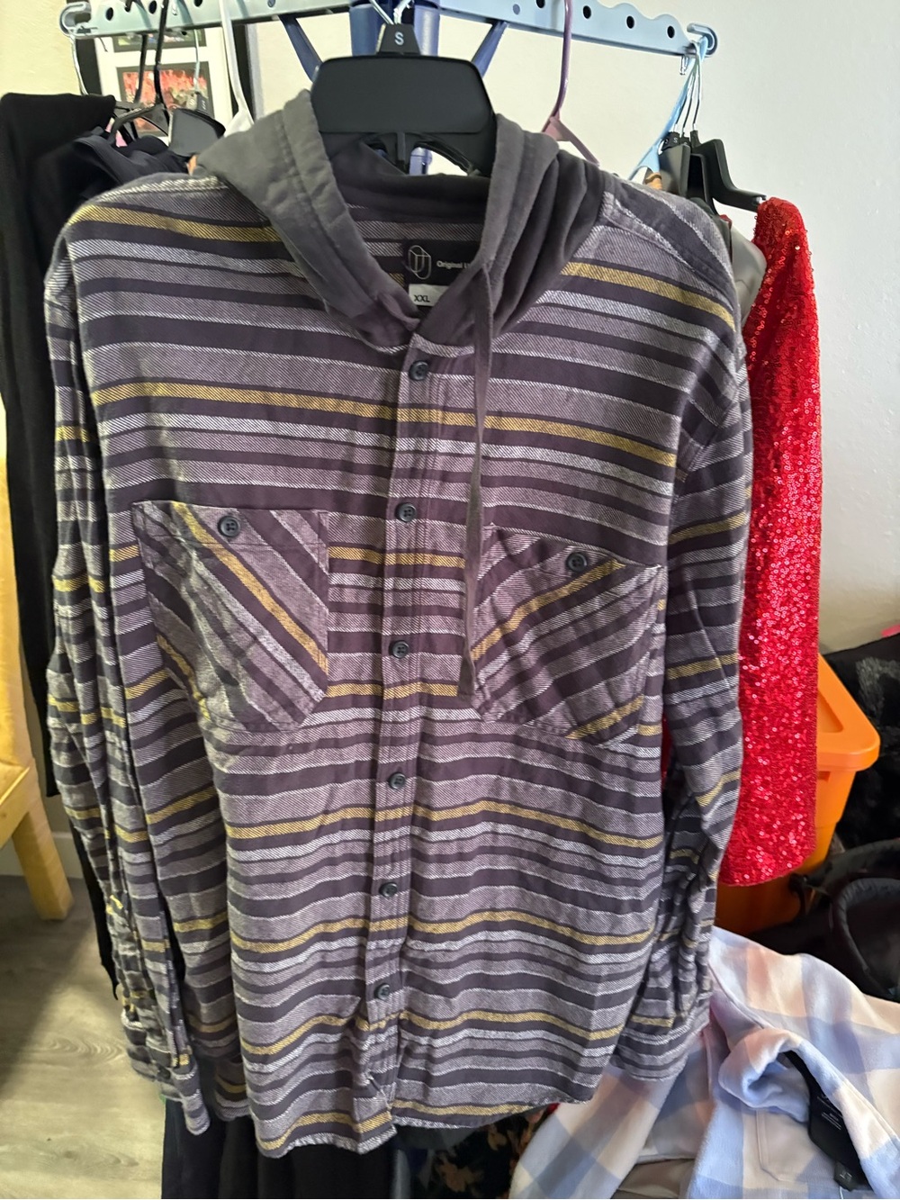 Original Use Striped Hooded Shirt Jacket - Purple & Olive